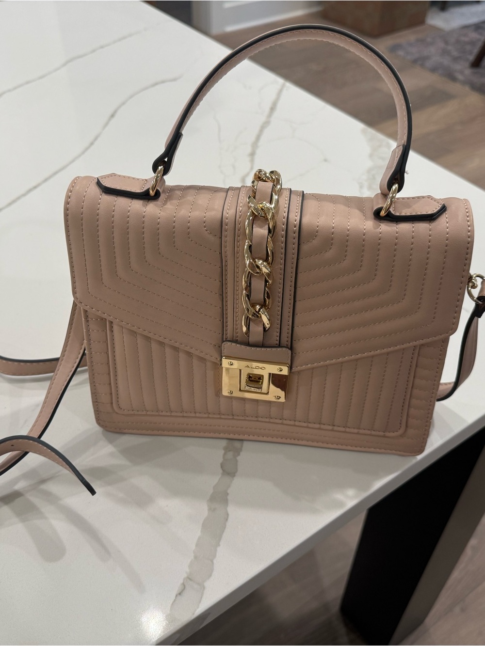 Aldo Blush Pink Quilted Top-Handle Satchel with Gold Chain - Picture 2 of 4